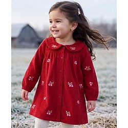 Babyhug Corduroy Woven Full Sleeves One Piece Dress with Floral Embroidery - Red