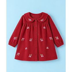 Babyhug Corduroy Woven Full Sleeves One Piece Dress with Floral Embroidery - Red