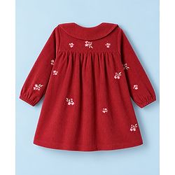 Babyhug Corduroy Woven Full Sleeves One Piece Dress with Floral Embroidery - Red