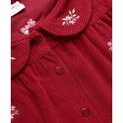 Babyhug Corduroy Woven Full Sleeves One Piece Dress with Floral Embroidery - Red