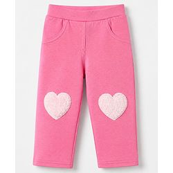 Babyhug Cotton Elastane Lycra Knit Full Length Jegging with Fur Heart Patch - Pink