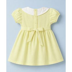 Babyhug Linen Woven Half Sleeves One Piece Dress With Floral Embroidery & Bow Applique - Yellow