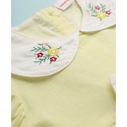 Babyhug Linen Woven Half Sleeves One Piece Dress With Floral Embroidery & Bow Applique - Yellow