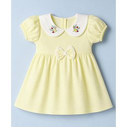 Babyhug Linen Woven Half Sleeves One Piece Dress With Floral Embroidery & Bow Applique - Yellow