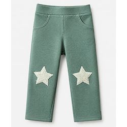Babyhug Cotton Lycra Knit Full Length Jeggings with Star Patch - Green