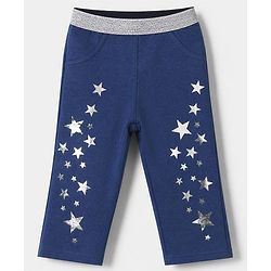 Babyhug Cotton Lycra Elastane Knit Full Length Jegging with Star Foil Print - Navy Blue
