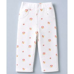 Babyhug Cotton Knit Full Length Jeggings With Floral Print in White
