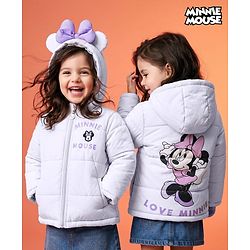 Babyhug Disney Woven Full Sleeves Padded Winter Jacket with Minnie Mouse Graphic at Front & Back & Ear Applique - Lavender