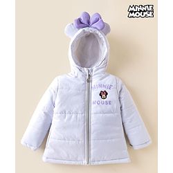 Babyhug Disney Woven Full Sleeves Padded Winter Jacket with Minnie Mouse Graphic at Front & Back & Ear Applique - Lavender