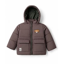 Babyhug Disney Woven Full Sleeves Hooded Padded Winter Jacket Front and Back With Simba Graphic - Light Brown