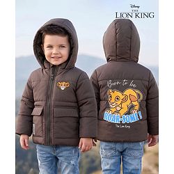 Babyhug Disney Woven Full Sleeves Hooded Padded Winter Jacket Front and Back With Simba Graphic - Light Brown