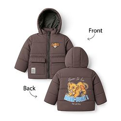 Babyhug Disney Woven Full Sleeves Hooded Padded Winter Jacket Front and Back With Simba Graphic - Light Brown