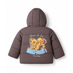 Babyhug Disney Woven Full Sleeves Hooded Padded Winter Jacket Front and Back With Simba Graphic - Light Brown