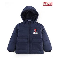 Babyhug Marvel Cotton Woven Hooded Winter Jacket with Full Sleeves and Spiderman Badge Print in Navy Blue for 12-18 Months