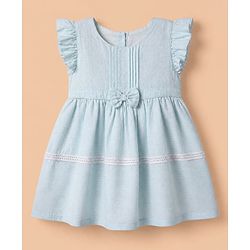 Babyhug Cotton Woven Fit and Flare Dress with Flutter Sleeves and Bow Applique in Light Blue