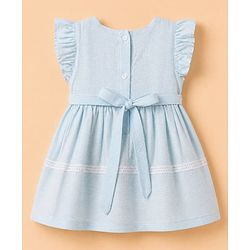 Babyhug Cotton Woven Fit and Flare Dress with Flutter Sleeves and Bow Applique in Light Blue