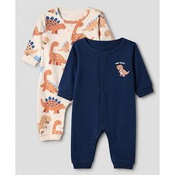 Babyhug 100% Cotton Interlock Knit Full Sleeves Rompers With Dino Print Pack of 2 - Navy Blue White