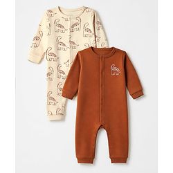 Babyhug 100% Cotton Interlock Knit Full Sleeves Rompers With Dino Print Pack of 2 - Brown & Beige