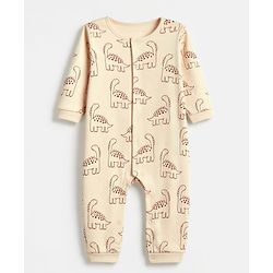 Babyhug 100% Cotton Interlock Knit Full Sleeves Rompers With Dino Print Pack of 2 - Brown & Beige
