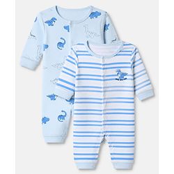 Babyhug 100% Cotton Interlock Knit Full Sleeves Rompers With Dino Print Pack of 2 - Sky Blue