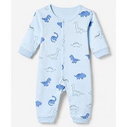 Babyhug 100% Cotton Interlock Knit Full Sleeves Rompers With Dino Print Pack of 2 - Sky Blue