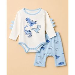 Babyhug 100% Cotton Knit Full Sleeves Onesies With Leggings With Dino Print - White