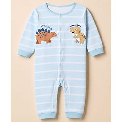 Babyhug 100% Cotton Interlock Knit Full Sleeves Romper with Dinosaur Applique and Stripes Print - Blue