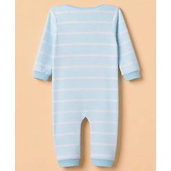Babyhug 100% Cotton Interlock Knit Full Sleeves Romper with Dinosaur Applique and Stripes Print - Blue