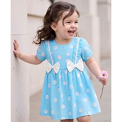 Babyhug Cotton Woven Half Sleeves One Piece Dress with Floral Print & Bow Applique - Light Blue