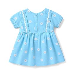 Babyhug Cotton Woven Half Sleeves One Piece Dress with Floral Print & Bow Applique - Light Blue