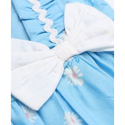 Babyhug Cotton Woven Half Sleeves One Piece Dress with Floral Print & Bow Applique - Light Blue