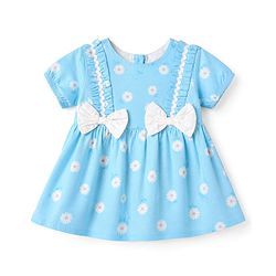 Babyhug Cotton Woven Half Sleeves One Piece Dress with Floral Print & Bow Applique - Light Blue