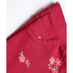 Babyhug Cotton Elastane Lycra Knit Jeggings With Floral Print & Pockets - Maroon