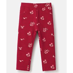 Babyhug Cotton Elastane Lycra Knit Jeggings With Floral Print & Pockets - Maroon