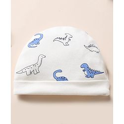 Babyhug 100% Cotton Interlock Knit Cap, Mitten & Booties with Dinosaur Rhinosaur Print White - Diameter 15 cm
