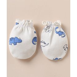 Babyhug 100% Cotton Interlock Knit Cap, Mitten & Booties with Dinosaur Rhinosaur Print White - Diameter 15 cm