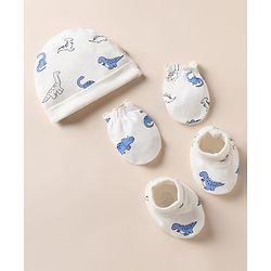 Babyhug 100% Cotton Interlock Knit Cap, Mitten & Booties with Dinosaur Rhinosaur Print White - Diameter 15 cm
