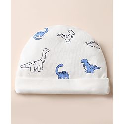 Babyhug 100% Cotton Interlock Knit Cap, Mitten & Booties with Dinosaur Rhinosaur Print White - Diameter 15 cm