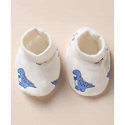 Babyhug 100% Cotton Interlock Knit Cap, Mitten & Booties with Dinosaur Rhinosaur Print White - Diameter 15 cm