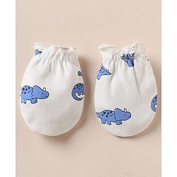 Babyhug 100% Cotton Interlock Knit Cap, Mitten & Booties with Dinosaur Rhinosaur Print White - Diameter 15 cm