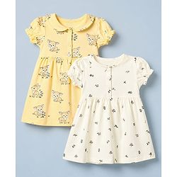 Babyhug Single Jersey Knit Half Sleeves Frock With Deer Print Pack of 2 in Yellow White