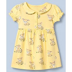Babyhug Single Jersey Knit Half Sleeves Frock With Deer Print Pack of 2 in Yellow White