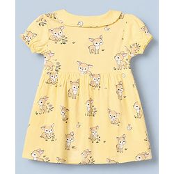 Babyhug Single Jersey Knit Half Sleeves Frock With Deer Print Pack of 2 in Yellow White