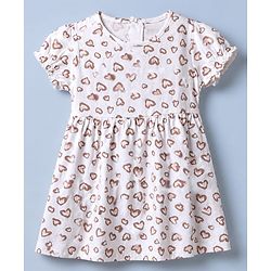 Babyhug Single Jersey Knit Puffed Sleeves Frocks with Cat & Hearts Print in White & Pink Pack of 2