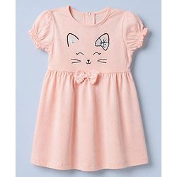 Babyhug Single Jersey Knit Puffed Sleeves Frocks with Cat & Hearts Print in White & Pink Pack of 2