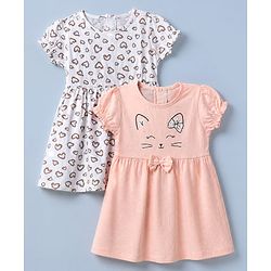 Babyhug Single Jersey Knit Puffed Sleeves Frocks with Cat & Hearts Print in White & Pink Pack of 2