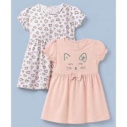 Babyhug Single Jersey Knit Frock with Half Sleeves and Hearts Print in Peach White Pack of 2