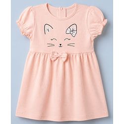 Babyhug Single Jersey Knit Frock with Half Sleeves and Hearts Print in Peach White Pack of 2