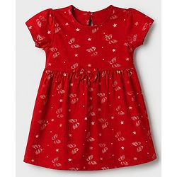 Babyhug Single Jersey Knit Half Sleeves One Piece Dress With Butterfly Print & Bow Applique - Red