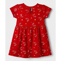 Babyhug Single Jersey Knit Half Sleeves One Piece Dress With Butterfly Print & Bow Applique - Red